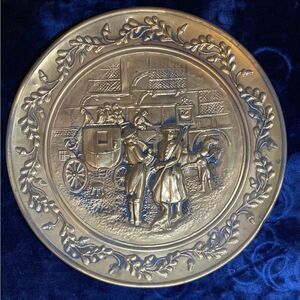Vintage Hammered Brass Repousse Wall Plate England Carriage People
